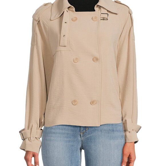 Adrianna Papell Shoulder Tab Double Breasted Blazer / Crop Trench - Small, Tan - Picture 6 of 6